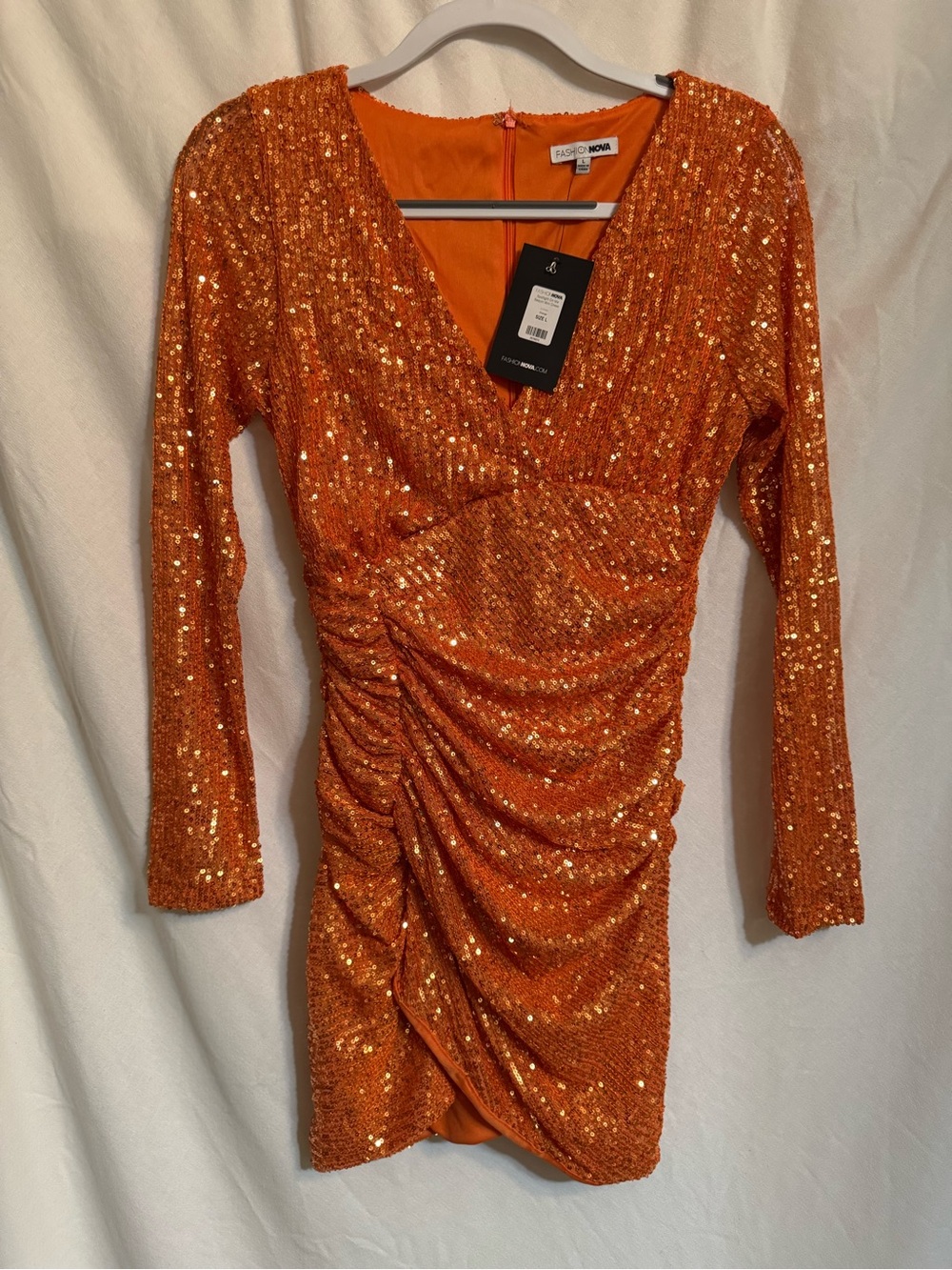 Orange Sequin Ruched V-Neck Mini Dress